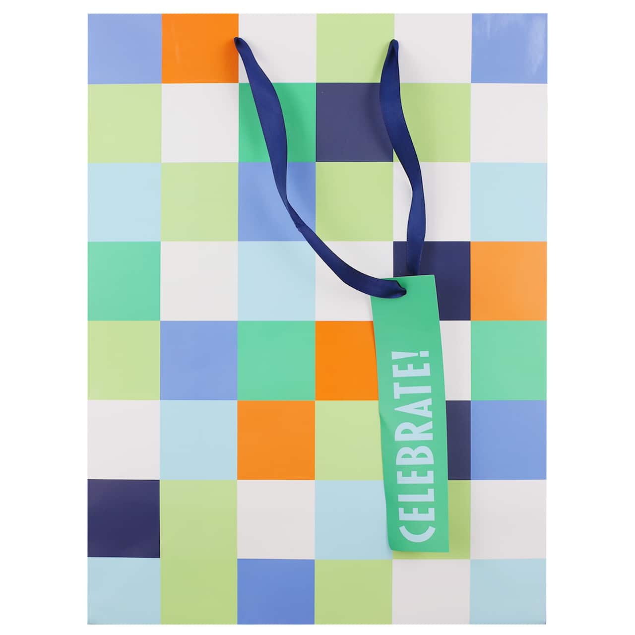 16" Green, Blue & Orange Check Print Gift Bag by Celebrate It™